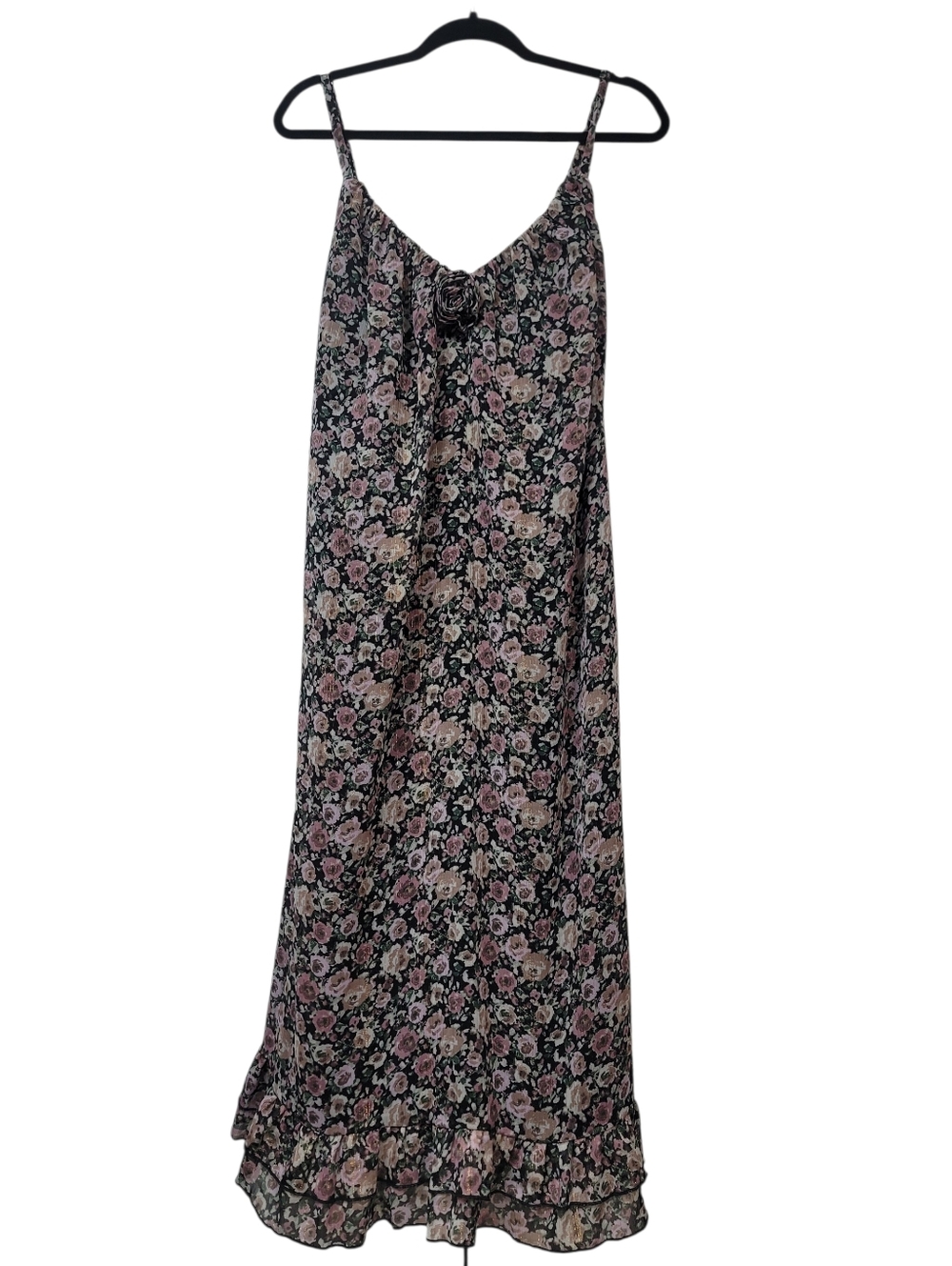 Mimi Chica Floral Dress Black Pink Cottagecore Ruffle Hem Spaghetti Strap